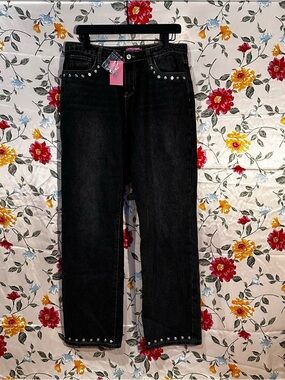 EDIKTED - Black Studded High-Rise Straight Jeans